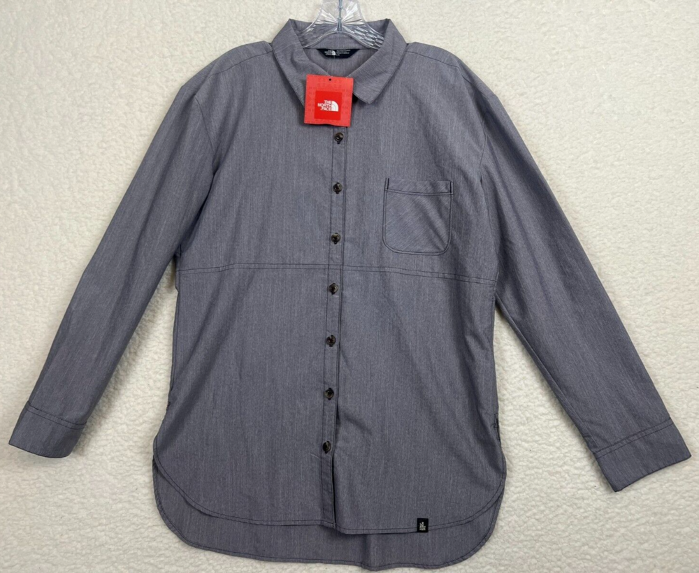 North Face Shirt Womens Large Button Up Gray Nylon Long Sleeve Hiking Outdoors